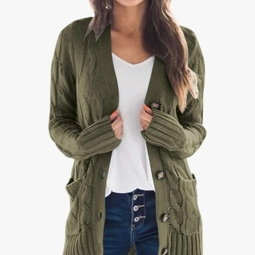 Merokeety Cozy Green Cable Knit Cardigan Sweater